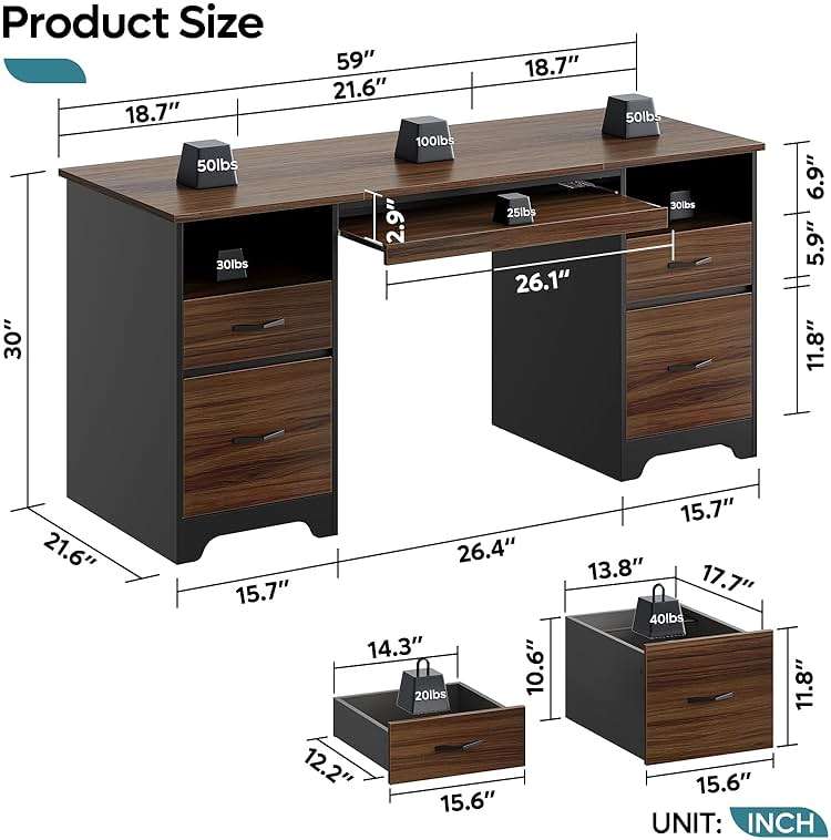 Bestier 59” Computer Desk with 4 Drawers, Office Desk with Storage, Industrial Executive Desk with File Drawer, Keyboard Tray & 2 Pedestals for Home Office & Studio, Cherry - Image 3