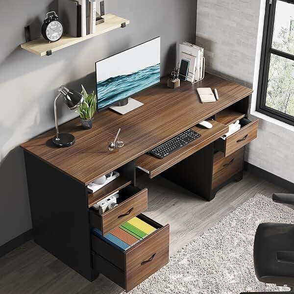 Bestier 59” Computer Desk with 4 Drawers, Office Desk with Storage, Industrial Executive Desk with File Drawer, Keyboard Tray & 2 Pedestals for Home Office & Studio, Cherry - Image 7