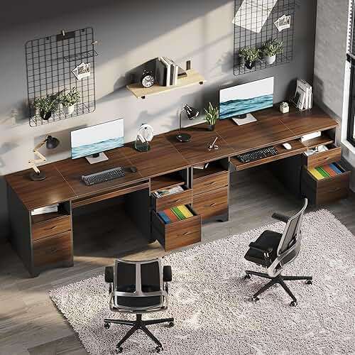 Bestier 59” Computer Desk with 4 Drawers, Office Desk with Storage, Industrial Executive Desk with File Drawer, Keyboard Tray & 2 Pedestals for Home Office & Studio, Cherry - Image 9