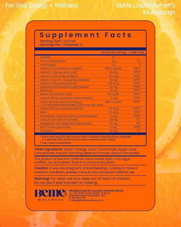 BeMe Liquid Multivitamins for Women - Advanced Liquid Delivery System with 13 Vitamins & Minerals - Tear & Go Sachets, Non-GMO, Orange Flavor (15 Sachets) - Image 5
