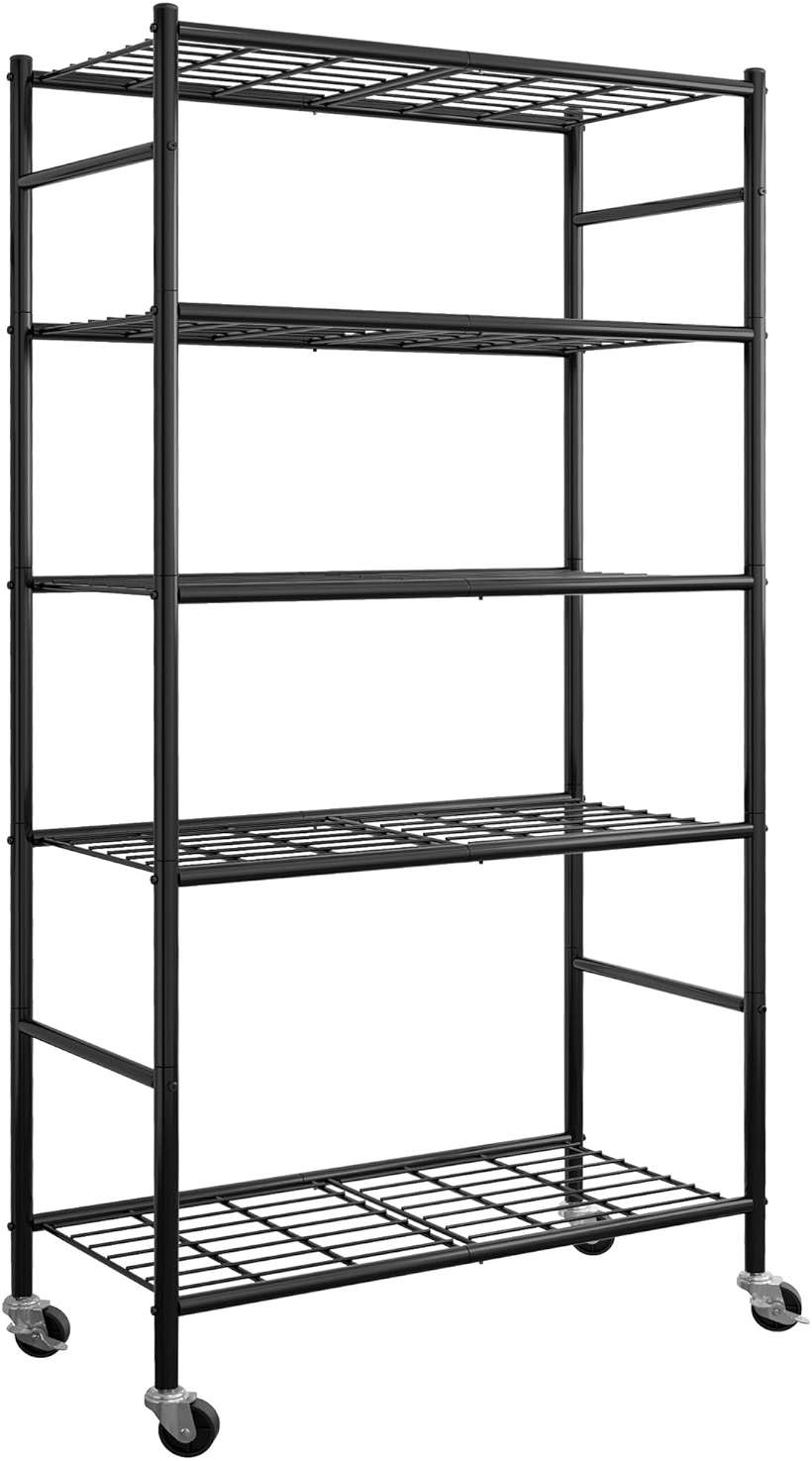Sakugi Storage Shelves Organizer - 5 Tier Metal Shelf Organizer with Metal Wheels and Adjustable Leveling Feet, Heavy Duty Garage Shelving for Kitchen, Pantry and Closet, 33.1"x12.6"x73.5", Black - Image 1