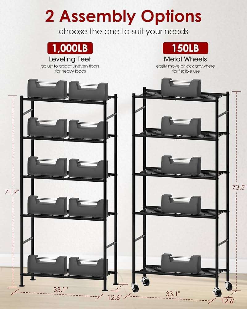 Sakugi Storage Shelves Organizer - 5 Tier Metal Shelf Organizer with Metal Wheels and Adjustable Leveling Feet, Heavy Duty Garage Shelving for Kitchen, Pantry and Closet, 33.1"x12.6"x73.5", Black - Image 2