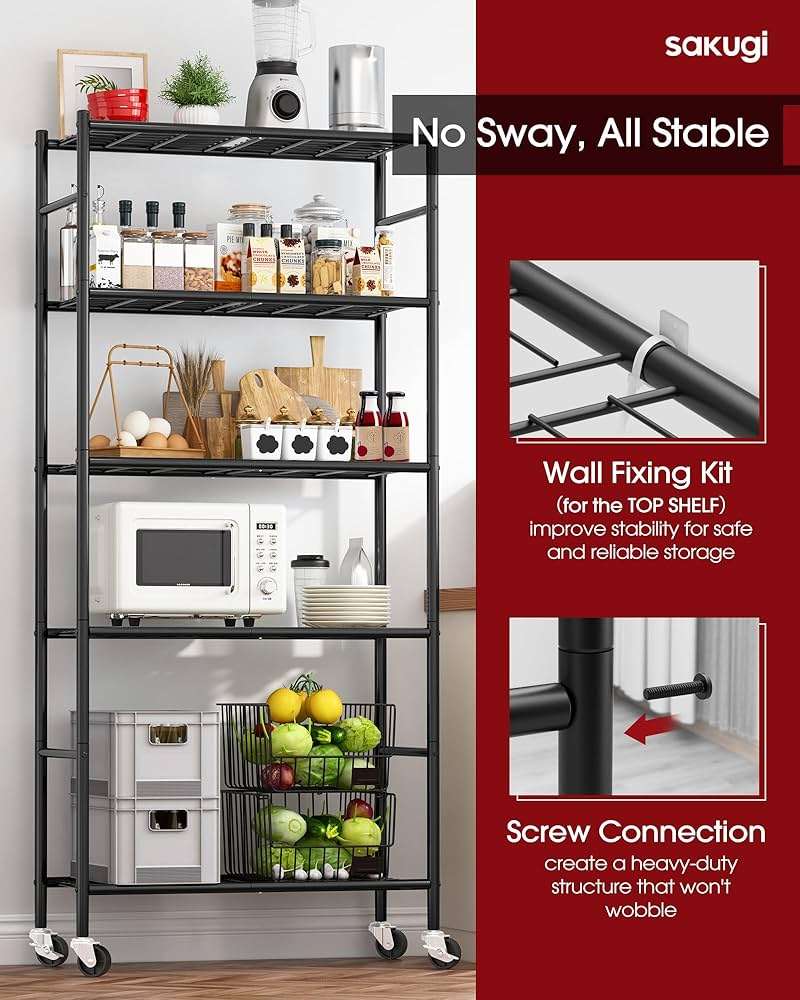 Sakugi Storage Shelves Organizer - 5 Tier Metal Shelf Organizer with Metal Wheels and Adjustable Leveling Feet, Heavy Duty Garage Shelving for Kitchen, Pantry and Closet, 33.1"x12.6"x73.5", Black - Image 3