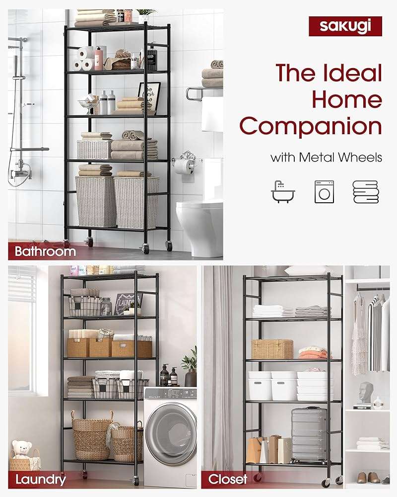 Sakugi Storage Shelves Organizer - 5 Tier Metal Shelf Organizer with Metal Wheels and Adjustable Leveling Feet, Heavy Duty Garage Shelving for Kitchen, Pantry and Closet, 33.1"x12.6"x73.5", Black - Image 4