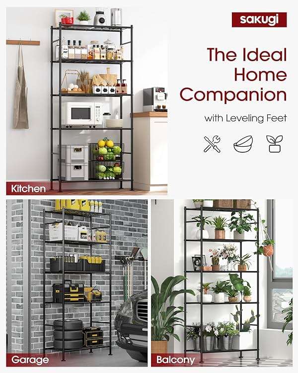 Sakugi Storage Shelves Organizer - 5 Tier Metal Shelf Organizer with Metal Wheels and Adjustable Leveling Feet, Heavy Duty Garage Shelving for Kitchen, Pantry and Closet, 33.1"x12.6"x73.5", Black - Image 5