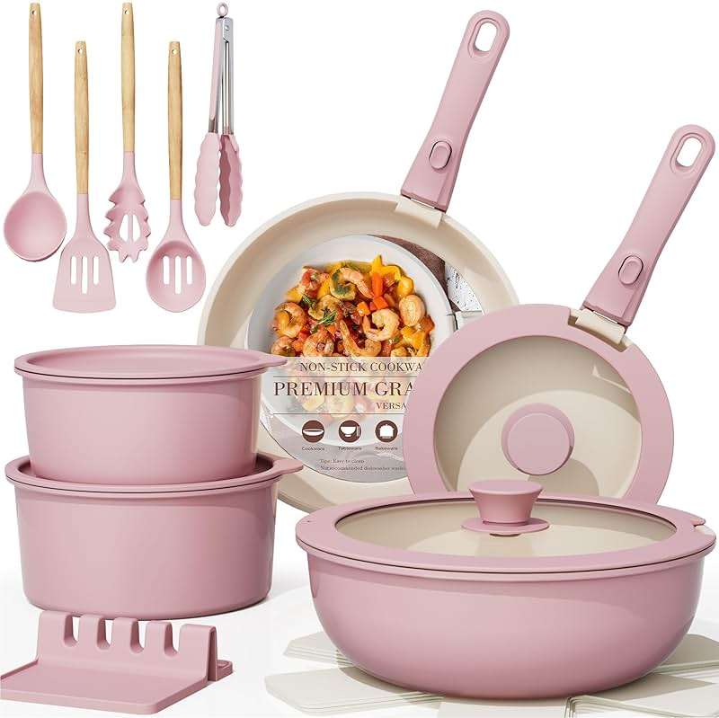 Astercook 21 Pcs Pots and Pans Non Stick Ceramic Cookware Set, Detachable Handles, RV Kitchen Cooking Set, Oven Safe, Induction Ready, Stackable, Pink - Image 1