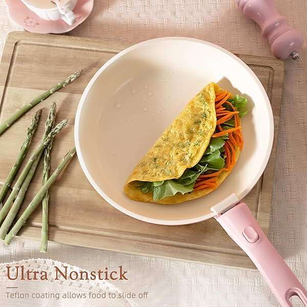 Astercook 21 Pcs Pots and Pans Non Stick Ceramic Cookware Set, Detachable Handles, RV Kitchen Cooking Set, Oven Safe, Induction Ready, Stackable, Pink - Image 2