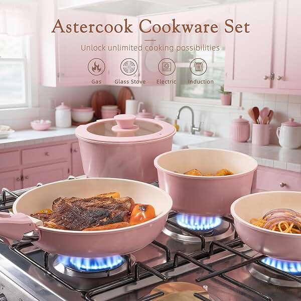 Astercook 21 Pcs Pots and Pans Non Stick Ceramic Cookware Set, Detachable Handles, RV Kitchen Cooking Set, Oven Safe, Induction Ready, Stackable, Pink - Image 3