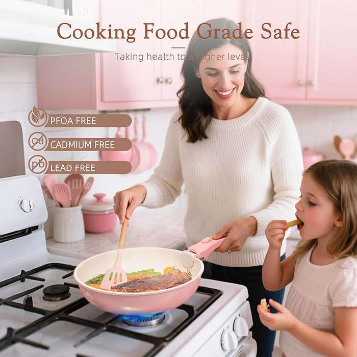 Astercook 21 Pcs Pots and Pans Non Stick Ceramic Cookware Set, Detachable Handles, RV Kitchen Cooking Set, Oven Safe, Induction Ready, Stackable, Pink - Image 7