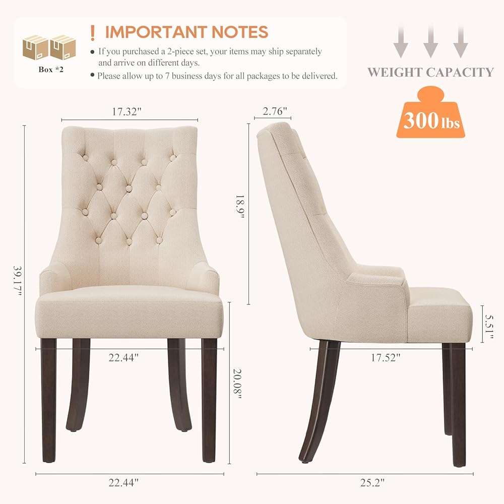 COLAMY Fabric Side Dining Chairs Set of 4, Wingback Upholstered Dining Room Chairs with Tufted Button, Living Room Chairs for Home Kitchen, Beige - Image 2