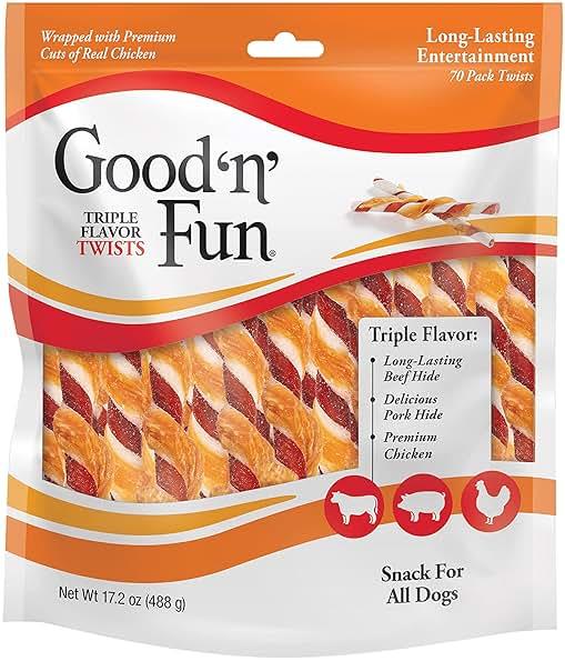 Good ‘n’ Fun Triple Flavor Twists for All Dogs, 70 Count, Treat Your Dog to Long-Lasting Chews Made with Beef Hide, Pork Hide and Chicken by GOOD 'N' FUN - Shop at Bazar