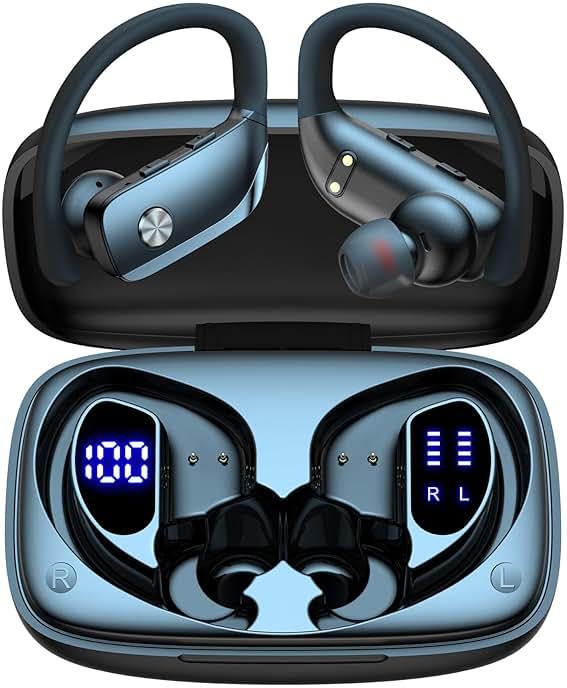 bmani Ear Buds Wireless Earbuds Bluetooth Headphones with 80H Playtime LED Display Case, Over-Ear Hook with Mic, Stereo Sound, Easy Button Controls, Sports Earphones for Running Workout Gym Black by bmani - Shop at Bazar
