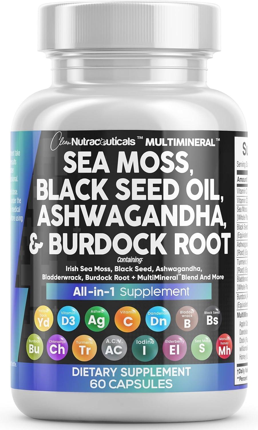 Clean Nutraceuticals Sea Moss Black Seed Oil Ashwagandha Turmeric Bladderwrack Burdock & Vitamin C Vitamin D3 with Elderberry Manuka Dandelion Yellow Dock Iodine Chlorophyll ACV by Clean Nutraceuticals - Shop at Bazar