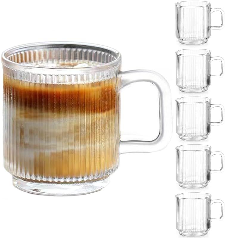 Qipecedm 6 PACK Premium Glass Coffee Mugs with Handle, 12 OZ Classic Vertical Stripes Glass Coffee Cups, Transparent Tea Cup for Hot/Cold Beverages, Glassware Set for Americano, Latte, Cappuccino by Qipecedm - Shop at Bazar