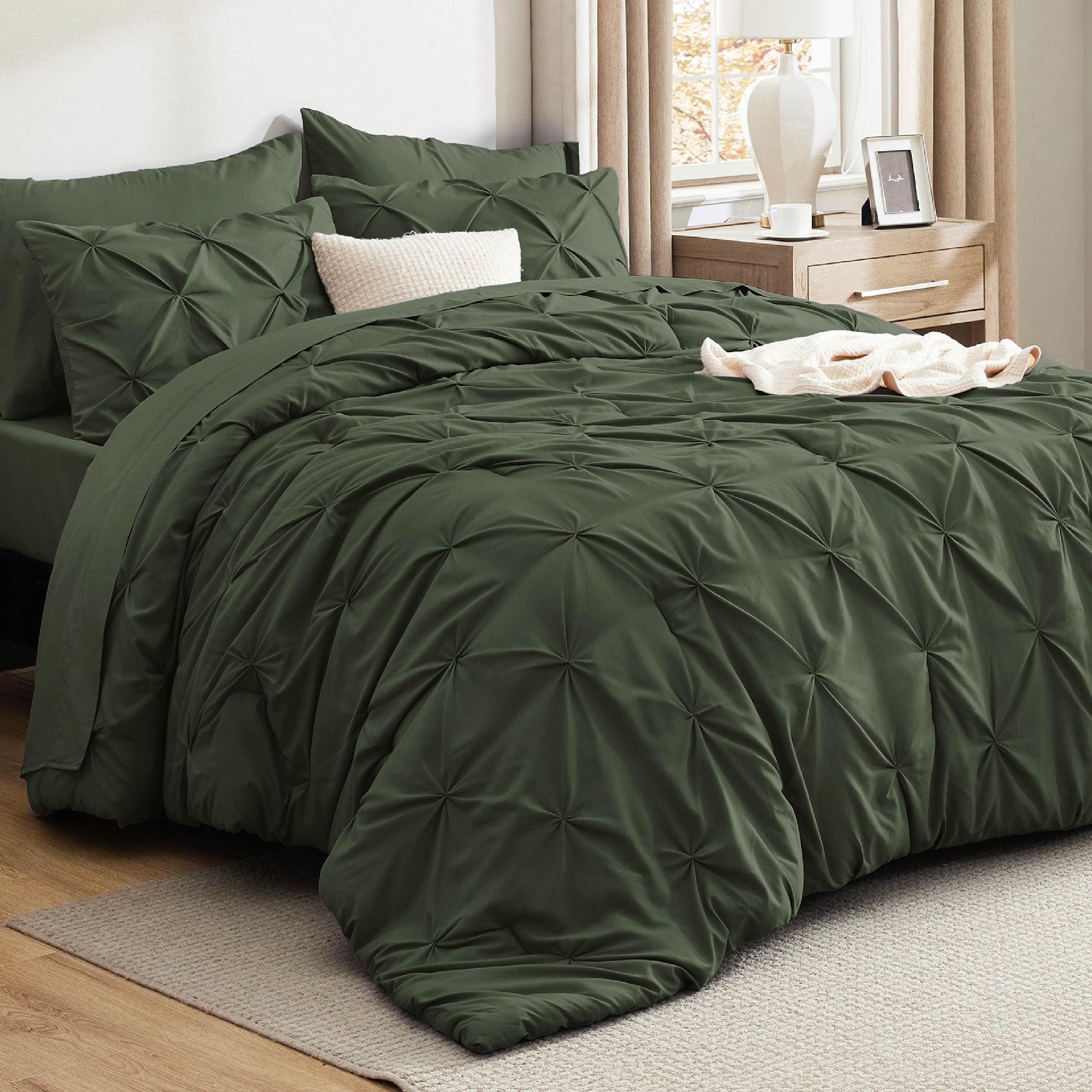 Bedsure Queen Comforter Set Olive Green - Bed in a Bag Queen Size Bedding 7 Pieces, GentleSoft™ Pintuck Bed Set Gift for Family, Pinch Pleat All Season Comforter with Sheets, Pillowcases & Shams by Bedsure - Shop at Bazar