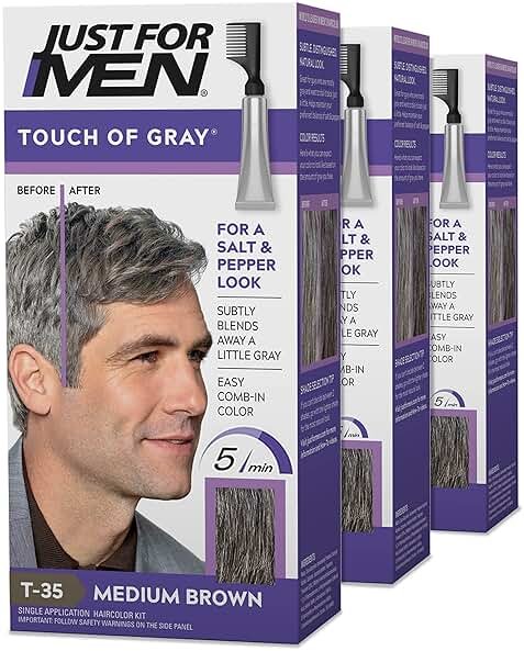 Just For Men Touch of Gray, Mens Hair Color Kit with Comb Applicator for Easy Application, Great for a Salt and Pepper Look - Medium Brown, T-35, Pack of 3 - Product Image