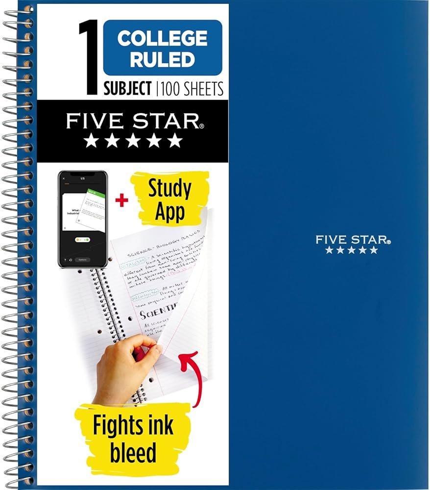 Five Star Spiral Notebook + Study App, 1 Subject, College Ruled Paper, 8-1/2" x 11", 100 Sheets, Fights Ink Bleed, Water Resistant Cover, Pacific Blue (72565) - Product Image