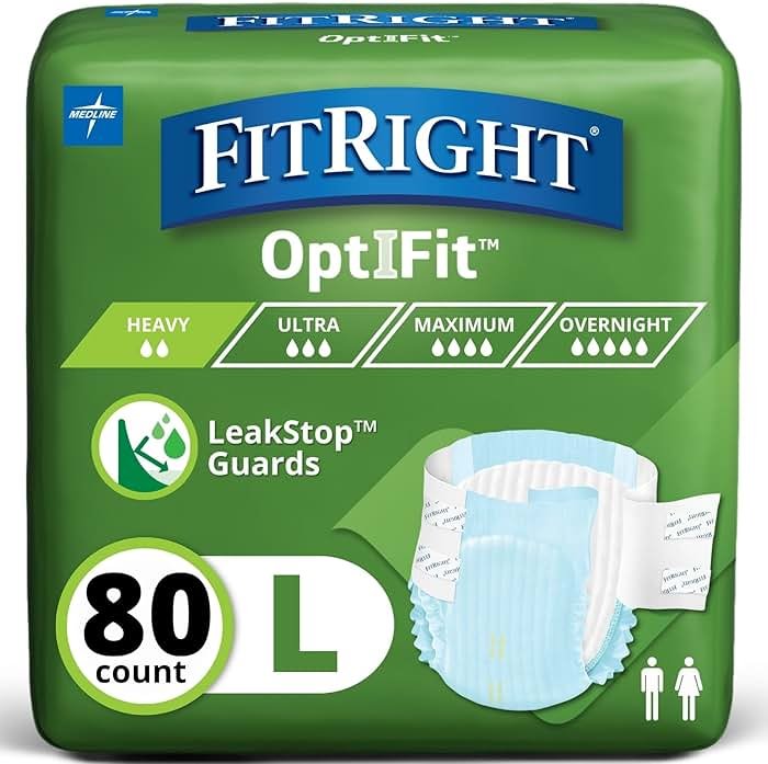 FitRight Adult Diapers, Extra+ Heavy Absorbency, L (Waist Size 44in-56in), 80 Count, OptiFit Incontinence Briefs for Men and Women, Disposable, Moisture-Wicking, Leak Protection. - Product Image