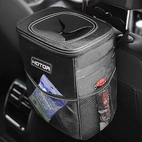 HOTOR Car Trash Can with Lid and Storage Pockets - 100% Leak-Proof Organizer, Waterproof Garbage Can, Multipurpose Trash Bin for Car, 2 Gallons, Black - Product Image