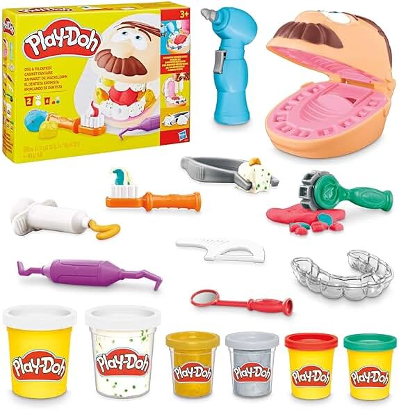Play-Doh Drill 'n Fill Dentist Toy for Kids 3 Years and Up with Cavity and Metallic Colored Modeling Compound, 10 Tools, 6 Total Cans, 2 Ounces Each, Non-Toxic, Assorted Colors - Product Image