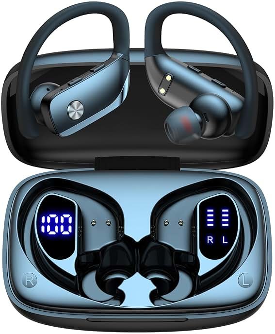 bmani Ear Buds Wireless Earbuds Bluetooth Headphones with 80H Playtime LED Display Case, Over-Ear Hook with Mic, Stereo Sound, Easy Button Controls, Sports Earphones for Running Workout Gym Black - Product Image