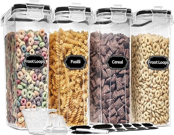 PRAKI Cereal Containers Storage Set (4L,135.2 Oz), 4PCS Airtight Food Storage Containers with Pour Spout for Kitchen & Pantry Organization Cereal Dispensers with 20 labels, Measuring Cup & Marker - Product Image