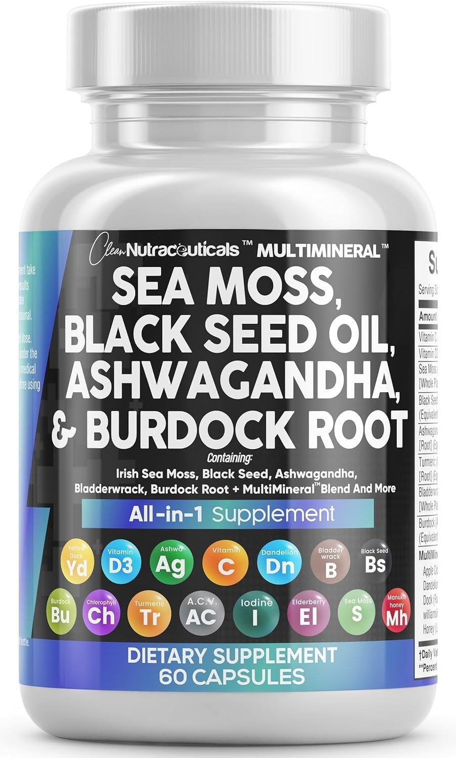 Clean Nutraceuticals Sea Moss Black Seed Oil Ashwagandha Turmeric Bladderwrack Burdock & Vitamin C Vitamin D3 with Elderberry Manuka Dandelion Yellow Dock Iodine Chlorophyll ACV - Product Image