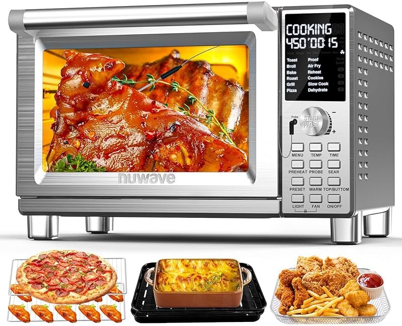 Nuwave Bravo Pro Smart Toaster Oven Countertop, True Air Fryer Combo w/Improved 100% Convection, 35% Crispier, 112 Presets, Customizable Pizza Zones, Integrated Probe, PFAS Free, 30QT, Stainless Steel - Product Image