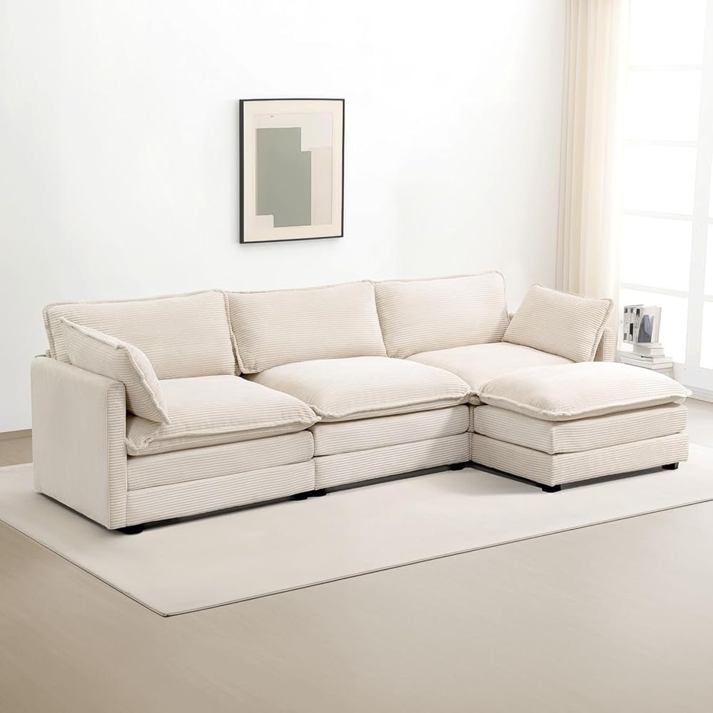 ROWHY Oversized Modular Sectional Sofa with Movable Ottoman, 112 Inch 4 Seat Modern Corduroy Sofa Set, Convertible L Shaped Couch for Living Room and Office, Beige - Product Image