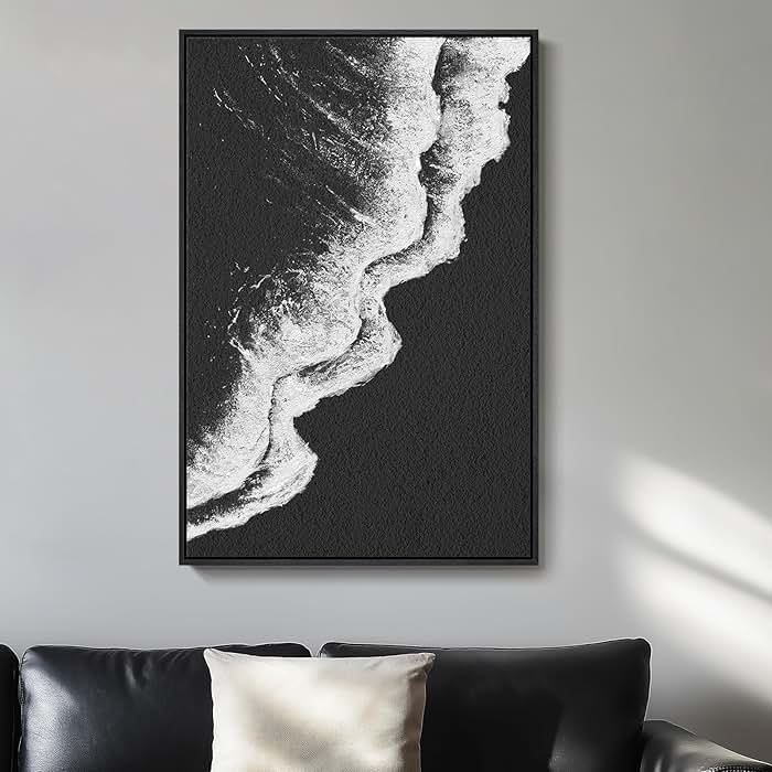 Framed Black and White Abstract Beach Canvas Wall Art, Modern Minimalist Art Prints Paintings Artwork for Walls, Ocean Wave Pictures for Living Room Dining Room Bedroom Bathroom Wall Decor 24x36 In - Product Image