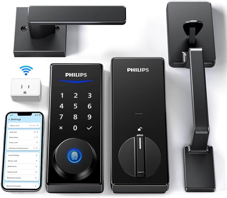 Philips Wi-Fi Smart Lock with Handle, Keyless Entry Keypad Door Lock with Handle, Front Door Deadbolt Set with WiFi Gateway, App Control, Fingerprint Unlock, PIN Code Unlock, Auto Locking - Product Image