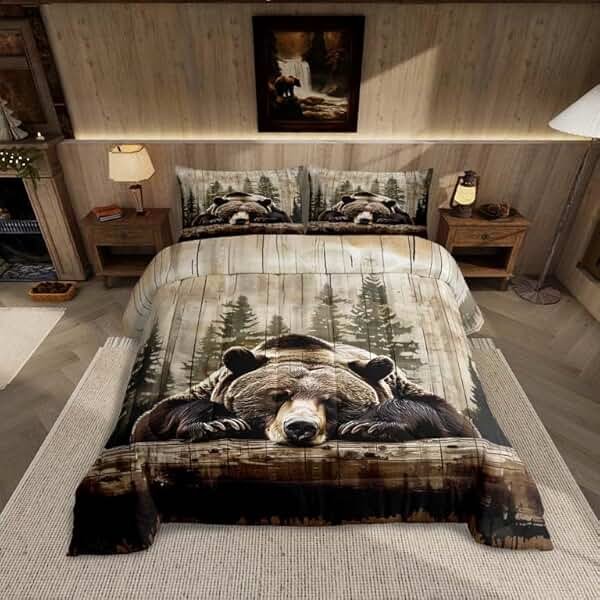 Feelyou Grizzly Bear Comforter Set Queen Size, Wild Animal Hunting Quilt Set with 2 Pillowcases, Rustic Cabin Farmhouse Bedding Set 3pcs for Kids Boys Teens Room Decor, Western Country Duvet Insert - Product Image