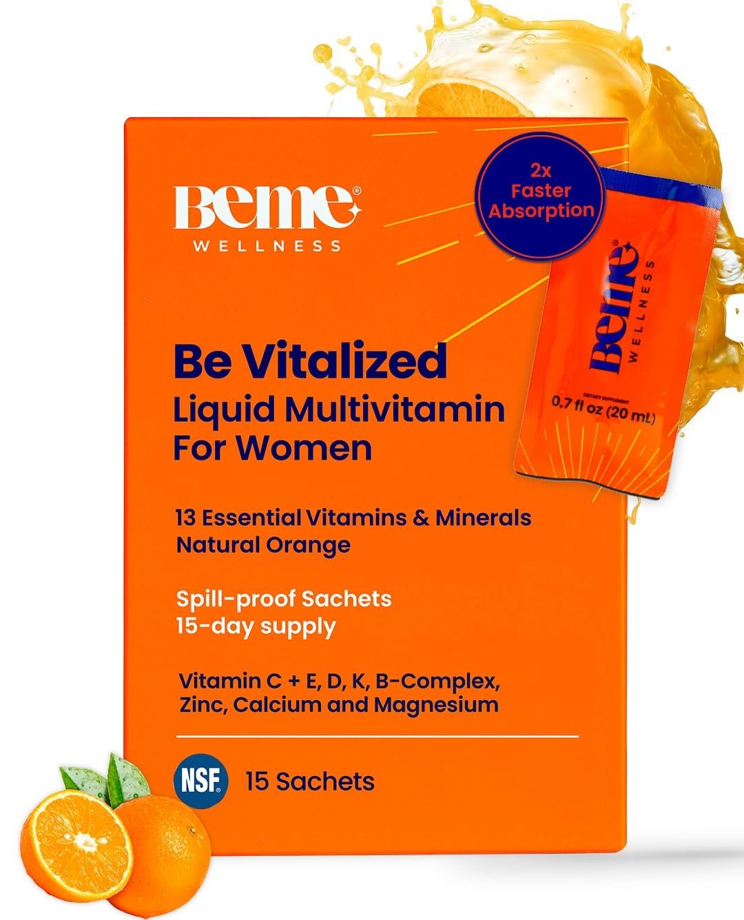 BeMe Liquid Multivitamins for Women - Advanced Liquid Delivery System with 13 Vitamins & Minerals - Tear & Go Sachets, Non-GMO, Orange Flavor (15 Sachets) - Product Image