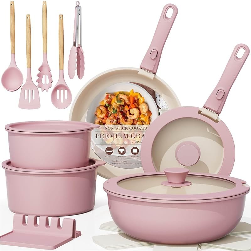 Astercook 21 Pcs Pots and Pans Non Stick Ceramic Cookware Set, Detachable Handles, RV Kitchen Cooking Set, Oven Safe, Induction Ready, Stackable, Pink - Product Image
