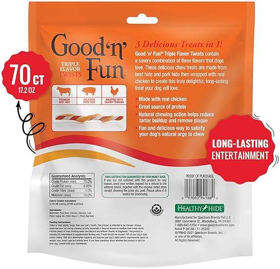 Good ‘n’ Fun Triple Flavor Twists for All Dogs, 70 Count, Treat Your Dog to Long-Lasting Chews Made with Beef Hide, Pork Hide and Chicken - Image 2