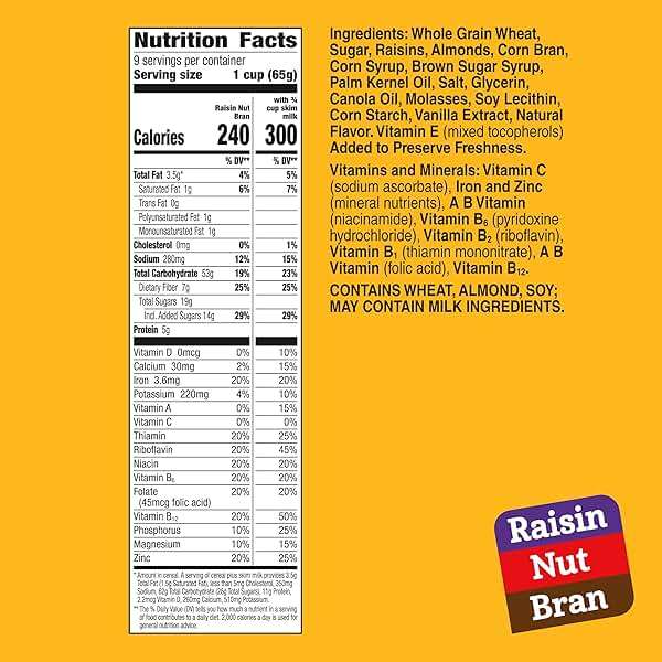 Raisin Nut Bran Cereal, High Fiber Cereal, Made with Whole Grain, 20.8 oz - Image 2