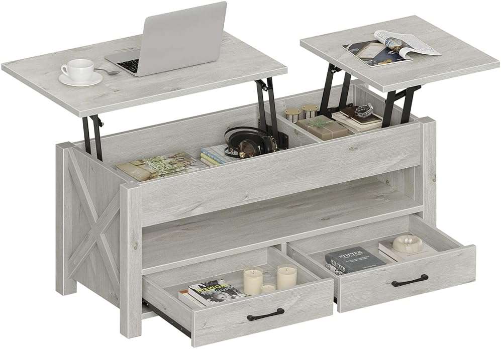 Seventable Coffee Table, 47.2" Lift Top Coffee Table with 2 Storage Drawers and Hidden Compartment, Retro Center Table with Wooden Lift Tabletop for Living Room, Gray - Image 1