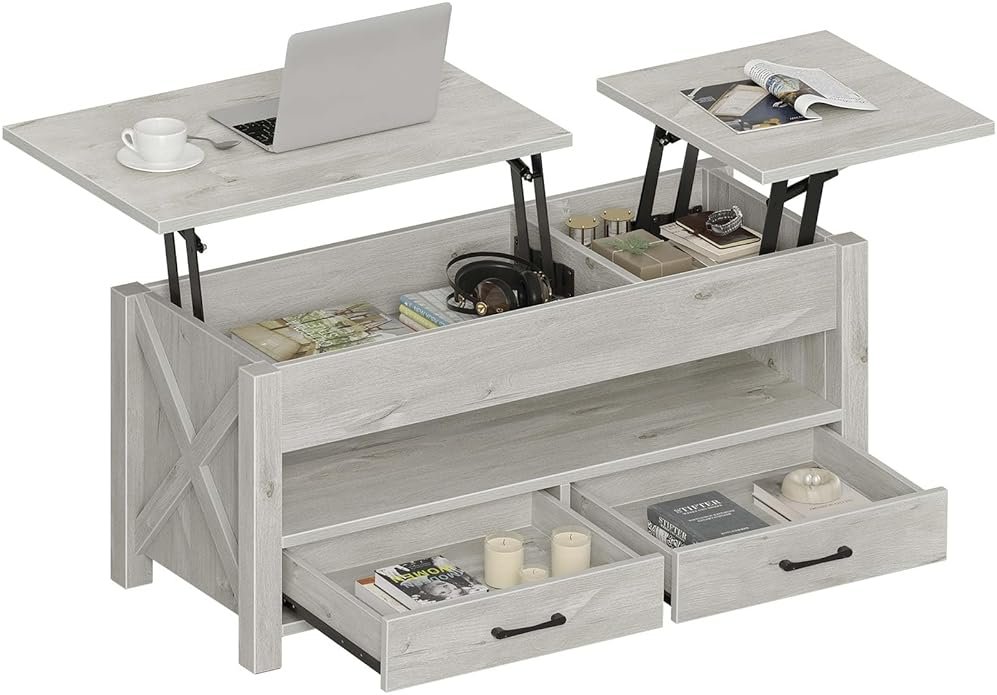 Seventable Coffee Table, 47.2" Lift Top Coffee Table with 2 Storage Drawers and Hidden Compartment, Retro Center Table with Wooden Lift Tabletop for Living Room, Gray - Product Image