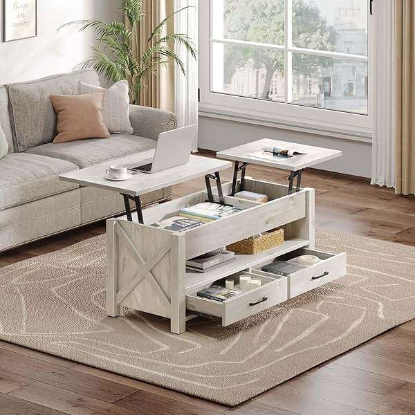 Seventable Coffee Table, 47.2" Lift Top Coffee Table with 2 Storage Drawers and Hidden Compartment, Retro Center Table with Wooden Lift Tabletop for Living Room, Gray - Image 6