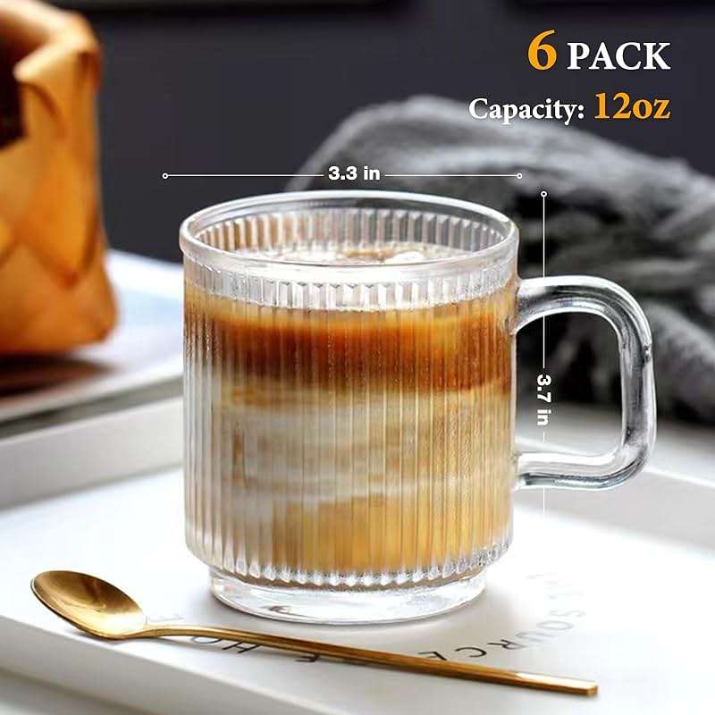 Qipecedm 6 PACK Premium Glass Coffee Mugs with Handle, 12 OZ Classic Vertical Stripes Glass Coffee Cups, Transparent Tea Cup for Hot/Cold Beverages, Glassware Set for Americano, Latte, Cappuccino - Image 2