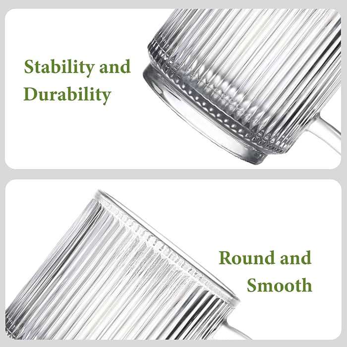 Qipecedm 6 PACK Premium Glass Coffee Mugs with Handle, 12 OZ Classic Vertical Stripes Glass Coffee Cups, Transparent Tea Cup for Hot/Cold Beverages, Glassware Set for Americano, Latte, Cappuccino - Image 3