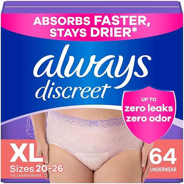 Always Discreet Adult Diapers for Women, Incontinence Underwear, Postpartum Essentials, Disposable Briefs, Max Absorbency, Bladder Leak Protection, Extra Large/XL, 64ct - Image 1