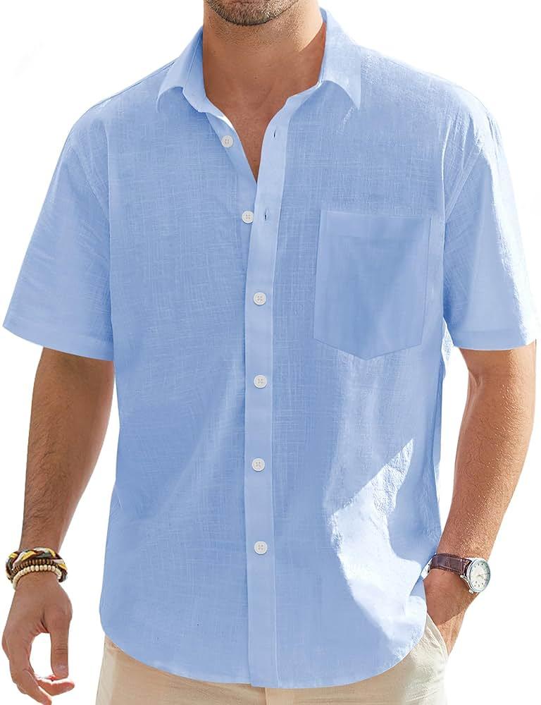 J.VER Men's Linen Short Sleeve Shirts Cotton Casual Lightweight Button Down Shirt Beach Vacation Summer Tops with Pocket by J.VER - Shop at Bazar