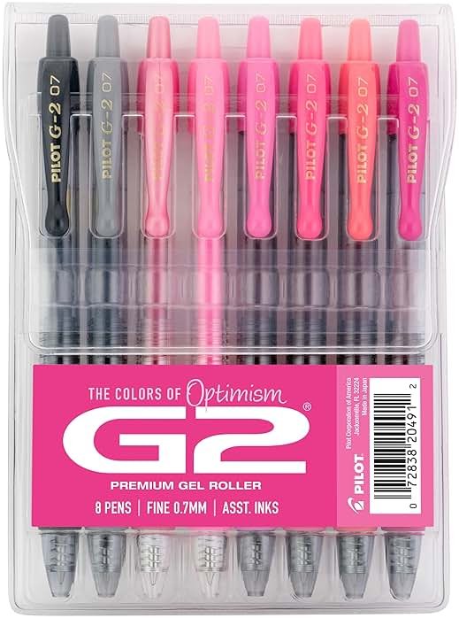 Pilot, G2 Premium Gel Roller Pens, G2 Boost Pink Pack, The Colors of Optimism, 8 Pack Pouch, Fine Point 0.7 mm, Assorted - Product Image