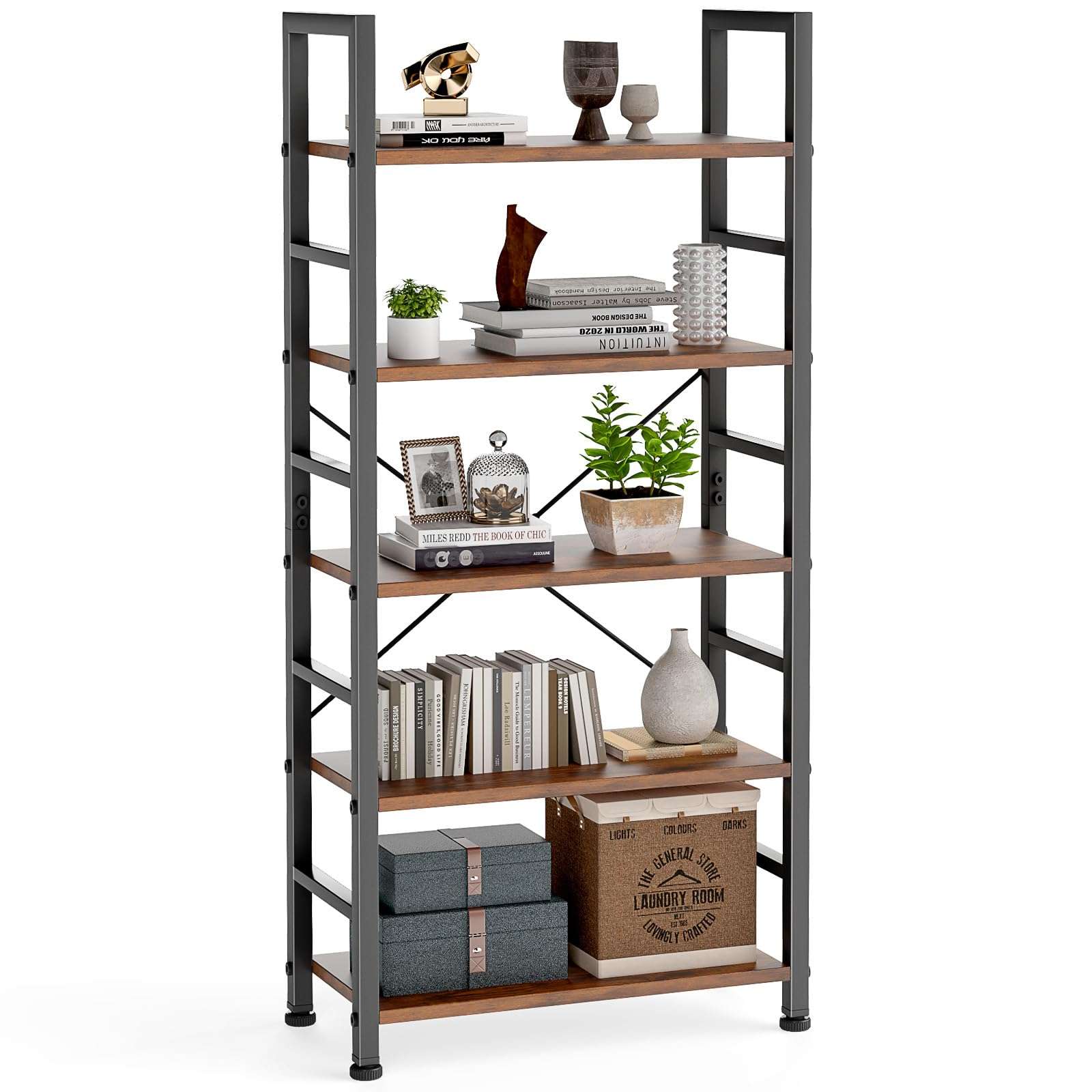 DUMOS 5 Tiers Bookshelf, Classical Modern Book Shelf, Tall Display Shelves in Living Room/Home/Office, Storage Organizer for CDs/Books/Movies, Rustic Brown - Image 1