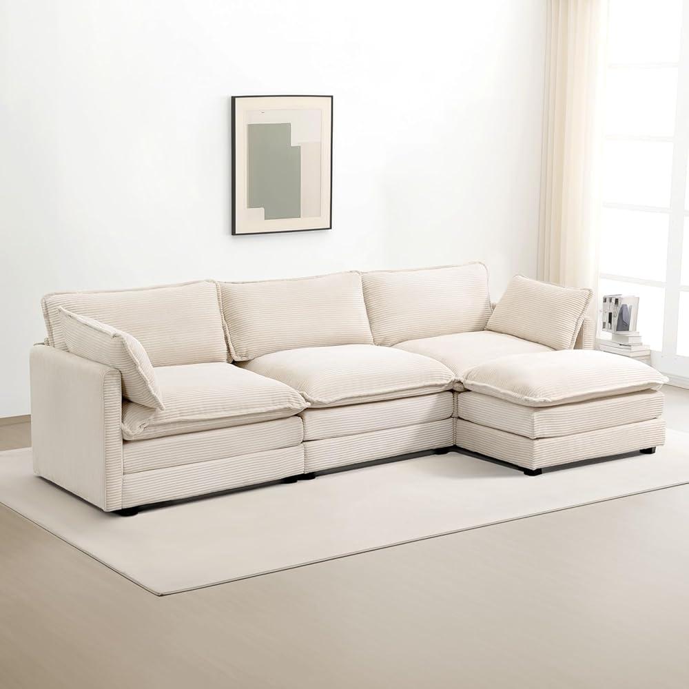 ROWHY Oversized Modular Sectional Sofa with Movable Ottoman, 112 Inch 4 Seat Modern Corduroy Sofa Set, Convertible L Shaped Couch for Living Room and Office, Beige by ROWHY - Shop at Bazar