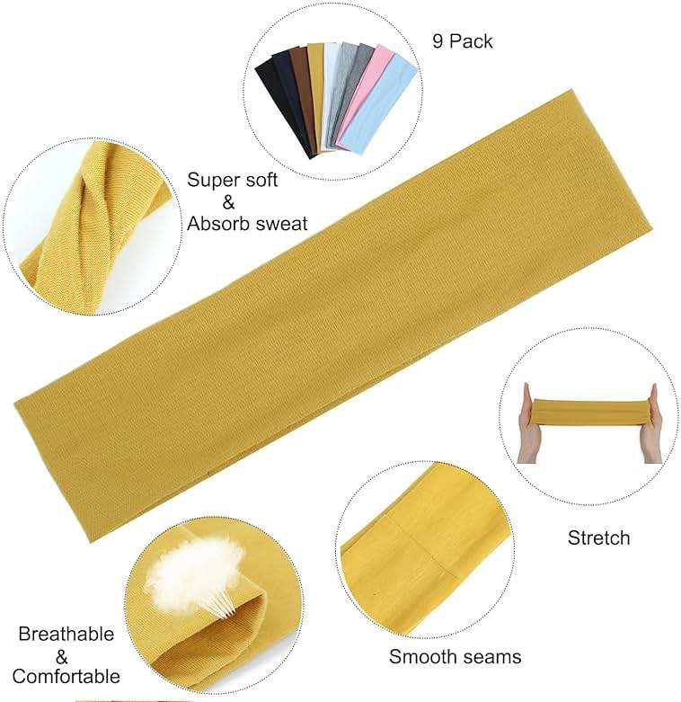 9Pcs Headbands for women Non Slip Headband, Soft Elastic Hair Bands for Women's Hair, Fashion Cotton Cloth Stretchy Sweat Bands Headbands for Sports, Makeup, Gym, Running, Yoga, Workout (9Colors-A) - Image 4