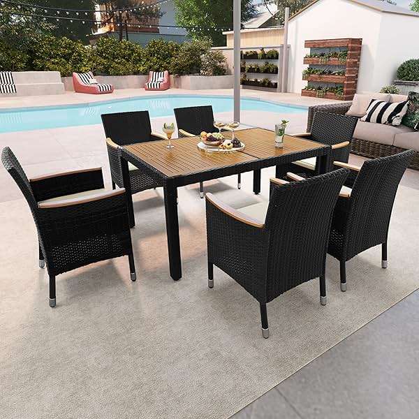 Yaheetech 7 Piece Patio Furniture Set, Outdoor Dining Acacia Wood Table Top Rattan Conversation Set with Soft Cushions, 6 Chairs & 1 Table for Backyard, Deck, Garden & Yard, Black/Beige - Image 2