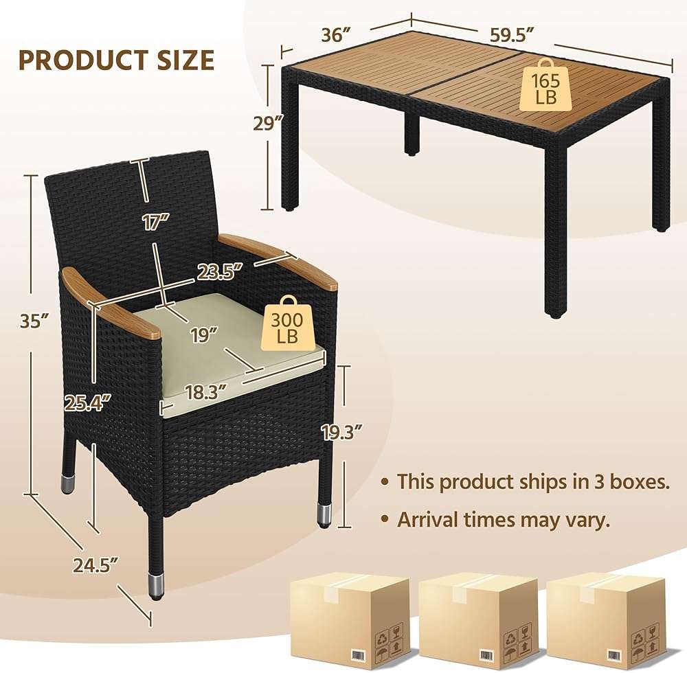 Yaheetech 7 Piece Patio Furniture Set, Outdoor Dining Acacia Wood Table Top Rattan Conversation Set with Soft Cushions, 6 Chairs & 1 Table for Backyard, Deck, Garden & Yard, Black/Beige - Image 3