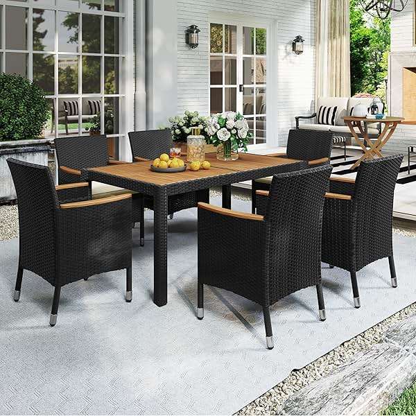 Yaheetech 7 Piece Patio Furniture Set, Outdoor Dining Acacia Wood Table Top Rattan Conversation Set with Soft Cushions, 6 Chairs & 1 Table for Backyard, Deck, Garden & Yard, Black/Beige - Image 5